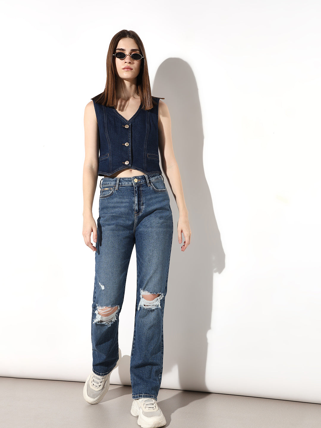 Blue High Rise Distressed Straight Fit Jeans
