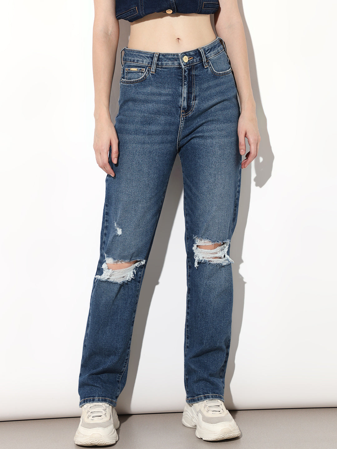 Blue High Rise Distressed Straight Fit Jeans