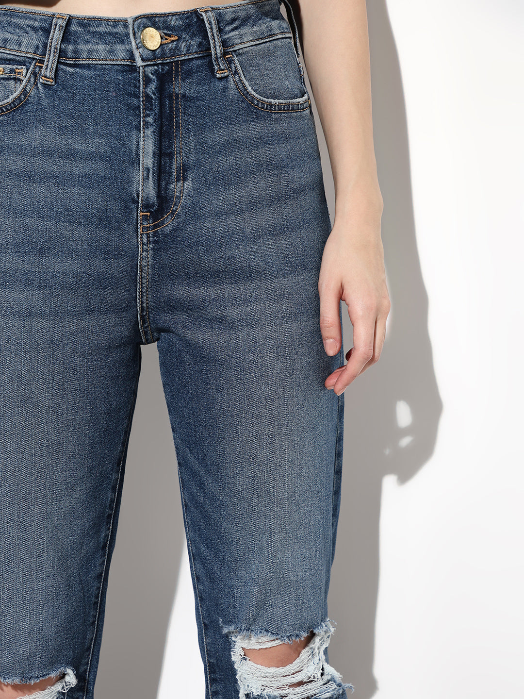 Blue High Rise Distressed Straight Fit Jeans