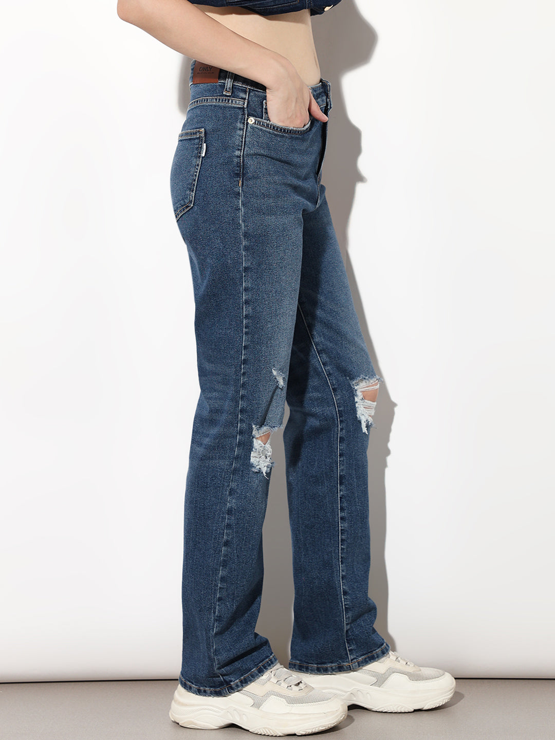 Blue High Rise Distressed Straight Fit Jeans