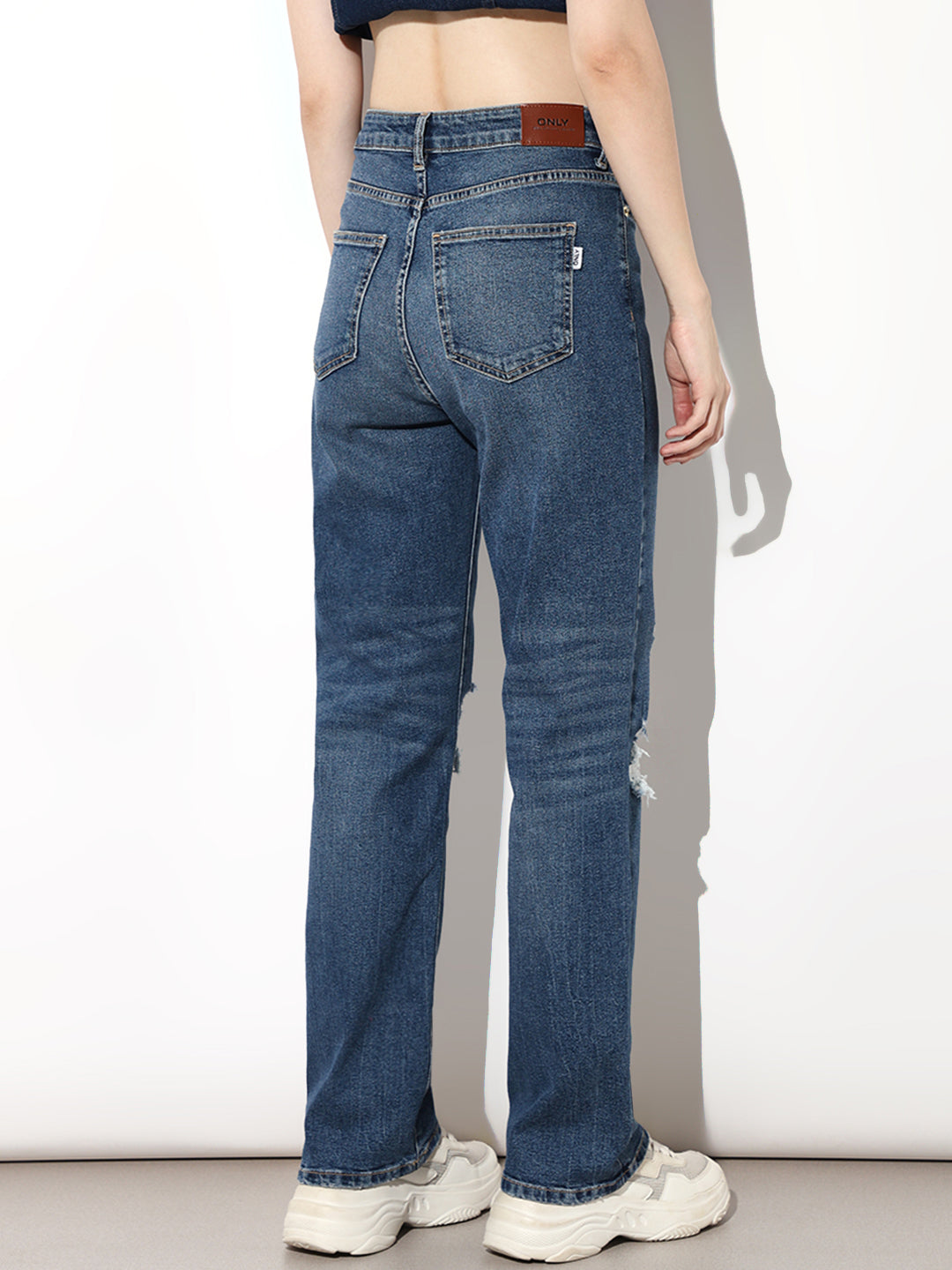 Blue High Rise Distressed Straight Fit Jeans