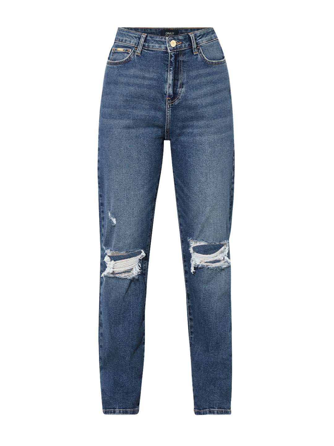 Blue High Rise Distressed Straight Fit Jeans