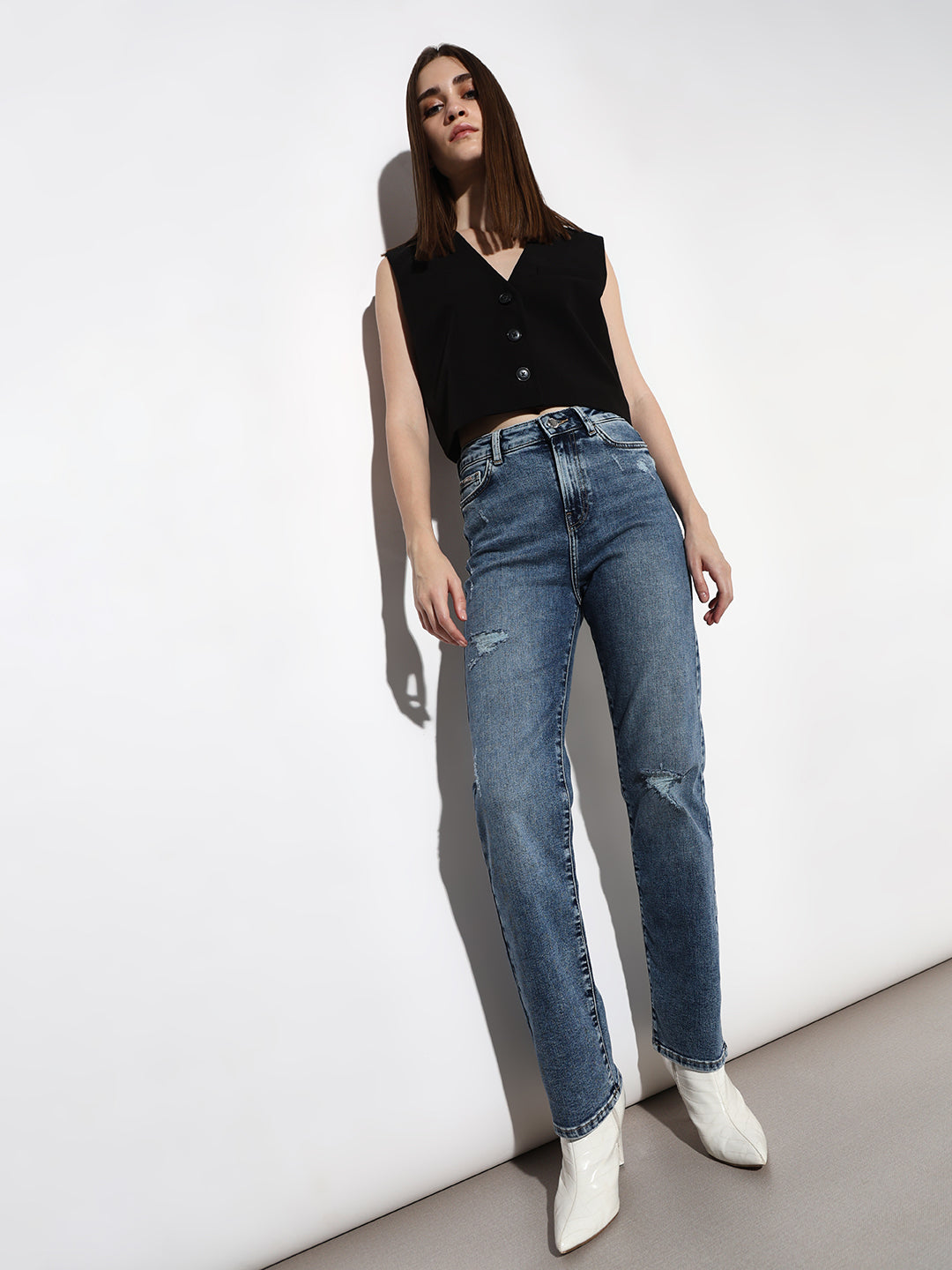 Light Blue Distressed Straight Fit Jeans