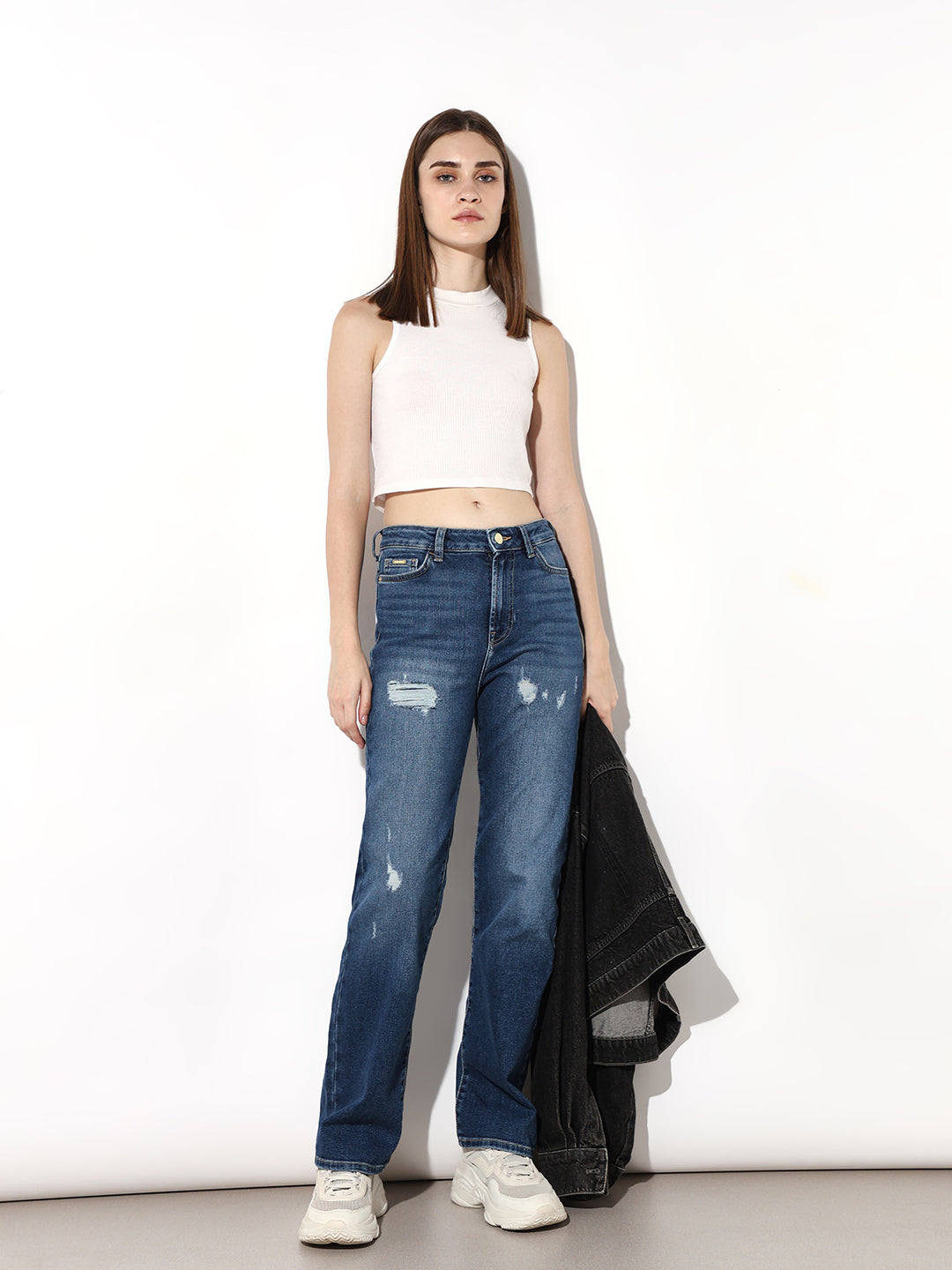 Blue Distressed Straight Fit Jeans