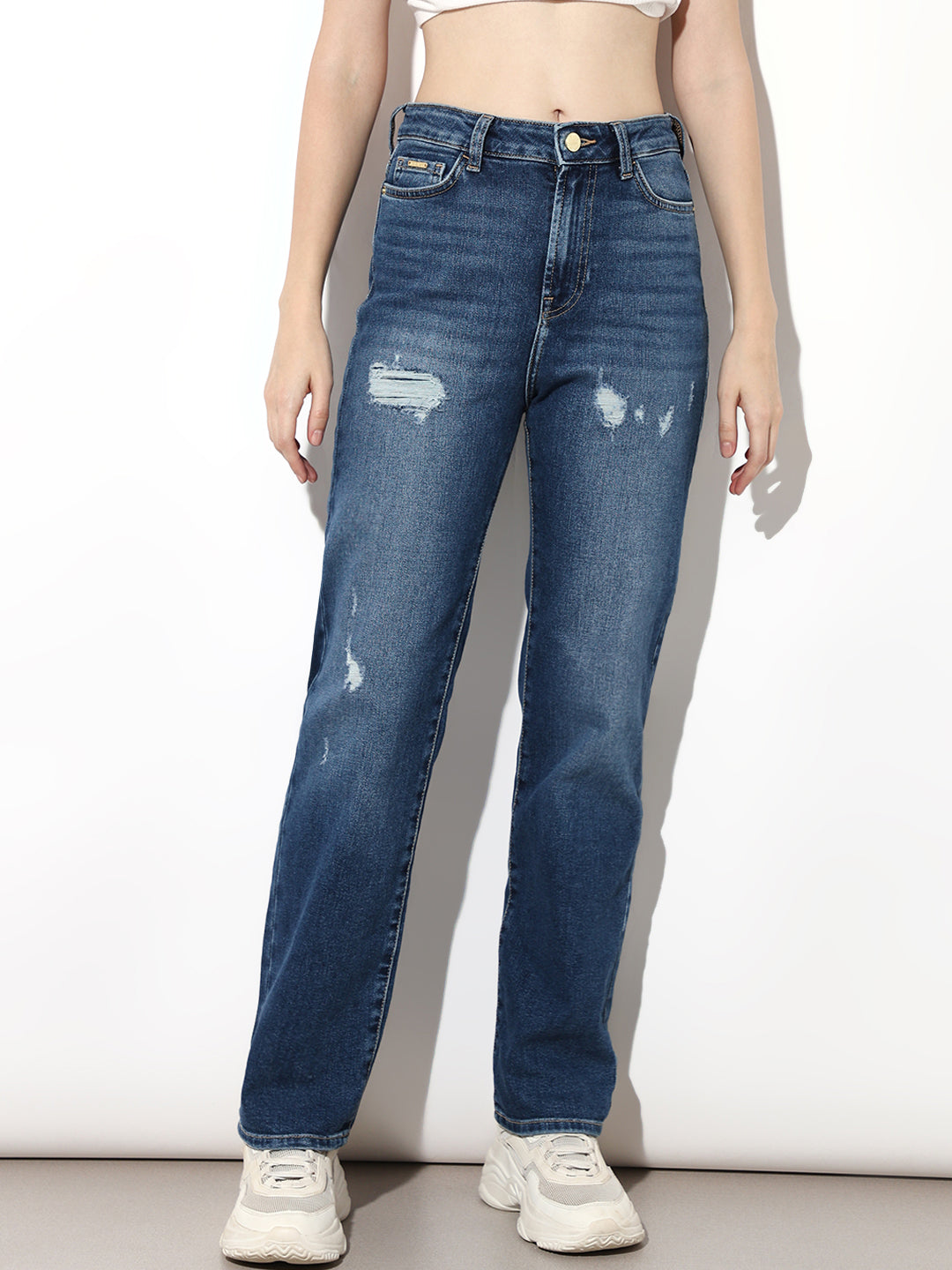 Blue Distressed Straight Fit Jeans