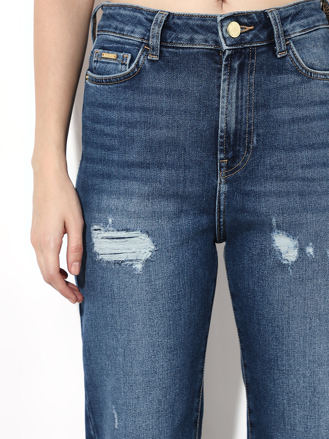 Blue Distressed Straight Fit Jeans