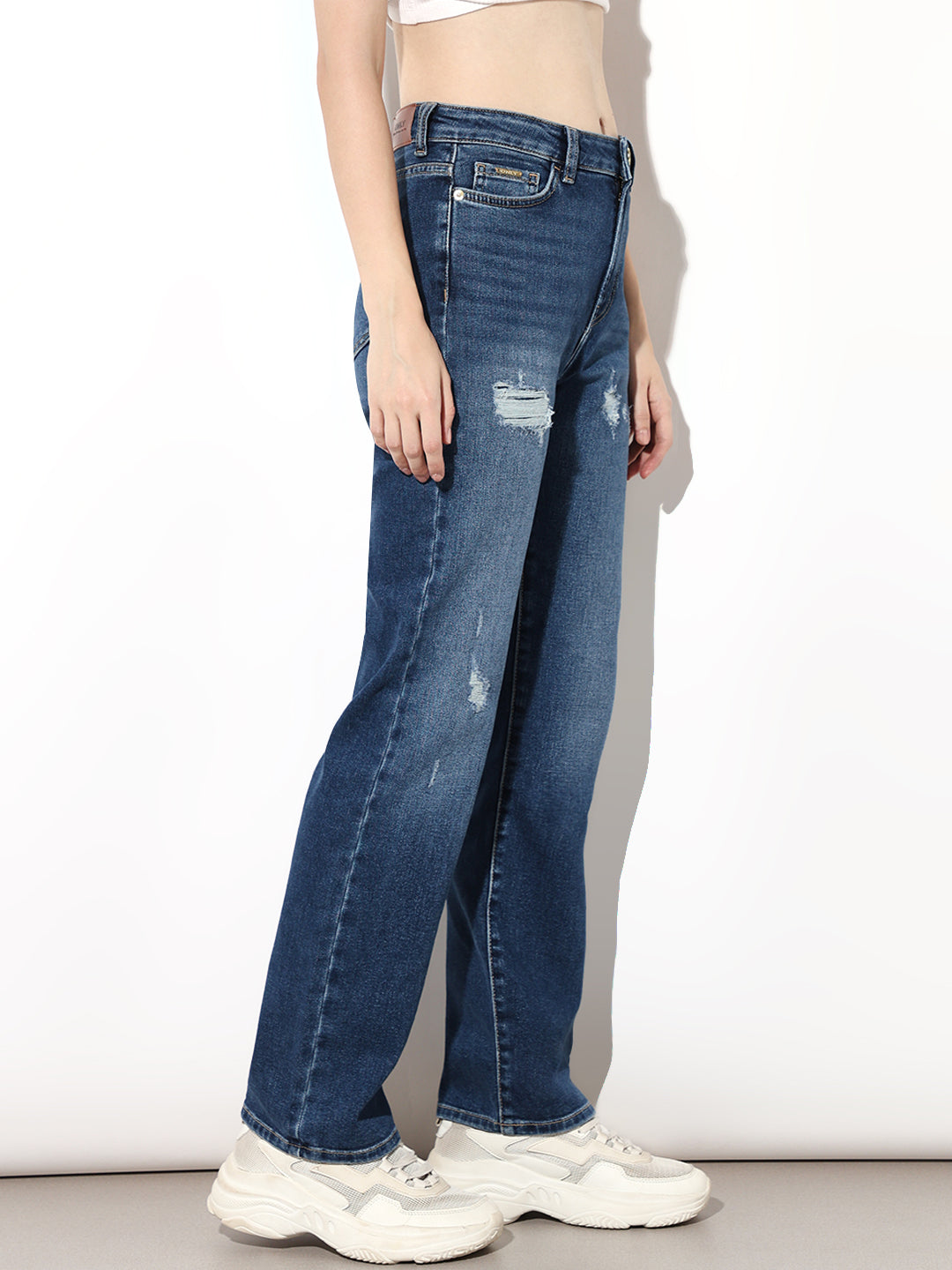 Blue Distressed Straight Fit Jeans