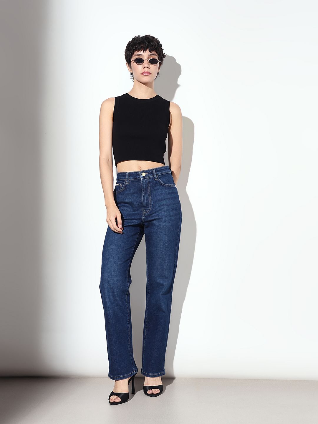 Dark Blue High Rise Straight Fit Jeans