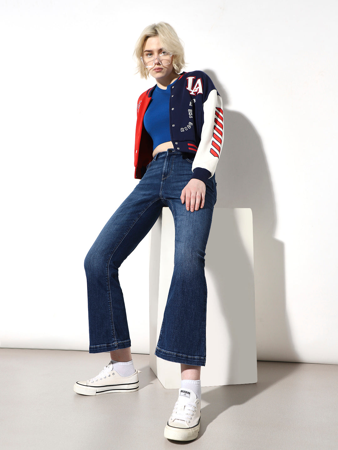 Blue High Rise Cropped Flared Jeans