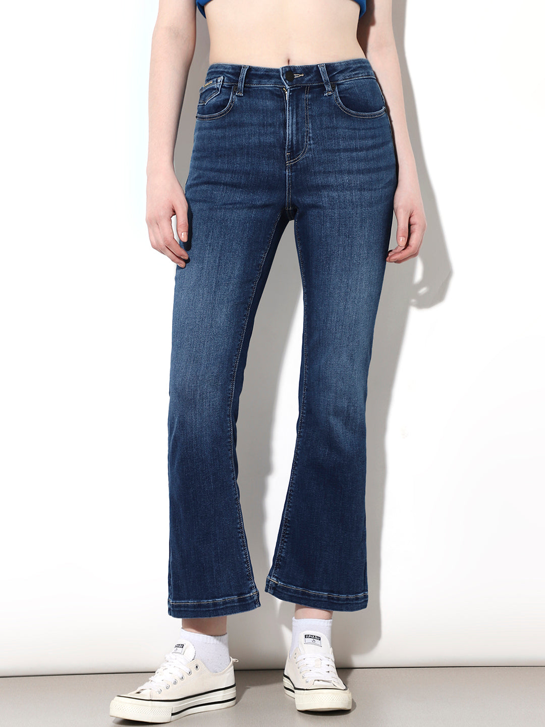 Blue High Rise Cropped Flared Jeans