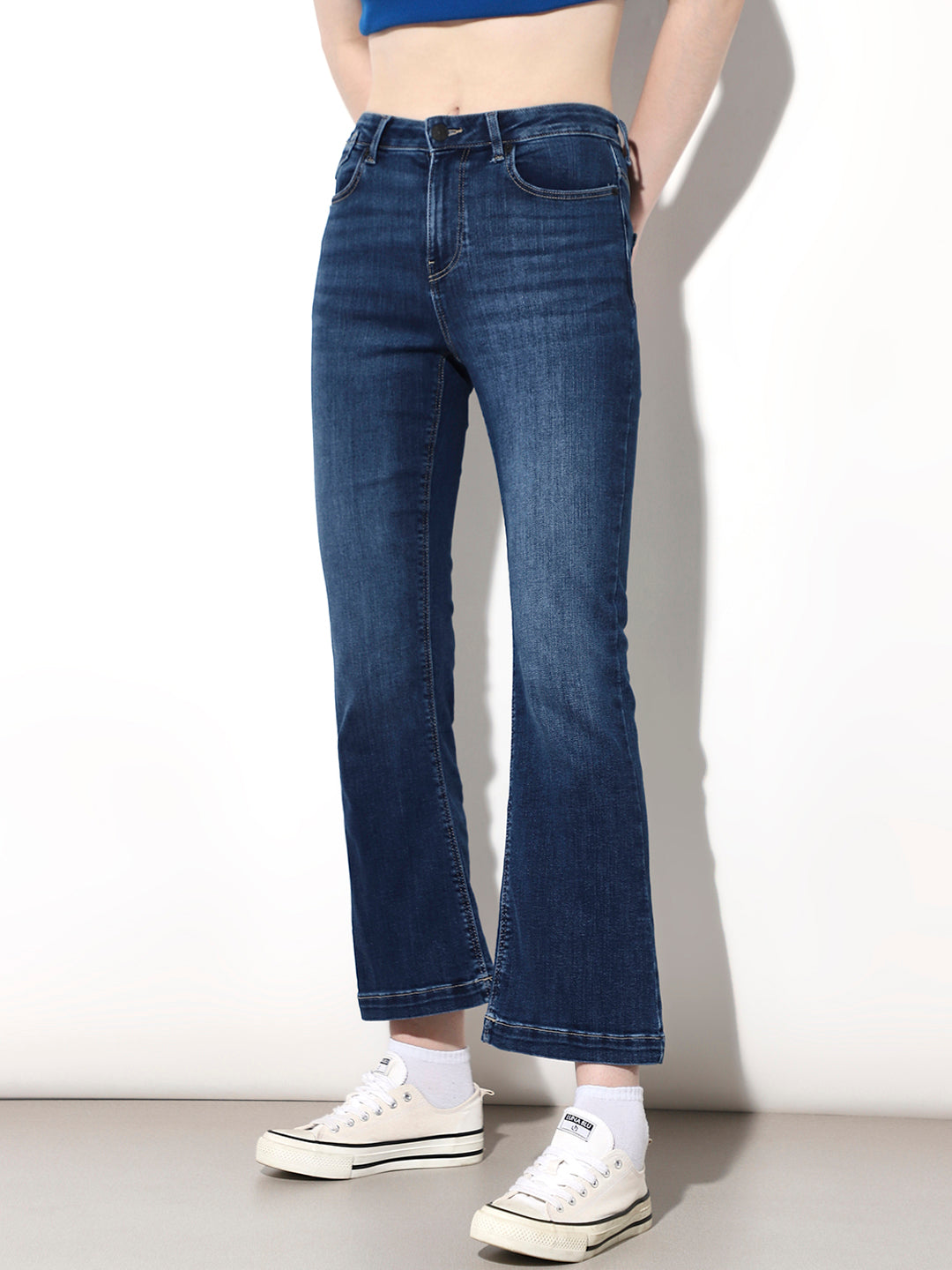 Blue High Rise Cropped Flared Jeans