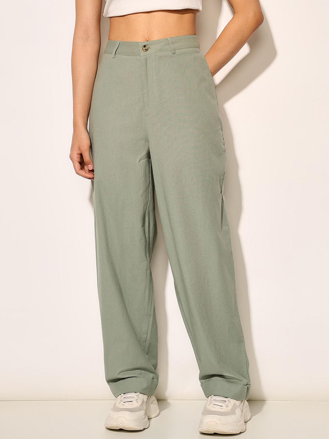 Green High Rise Loose Fit Pants