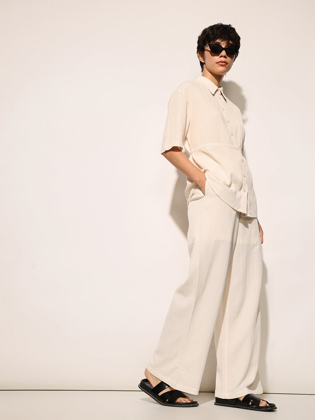 Beige High Rise Straight Fit Pants
