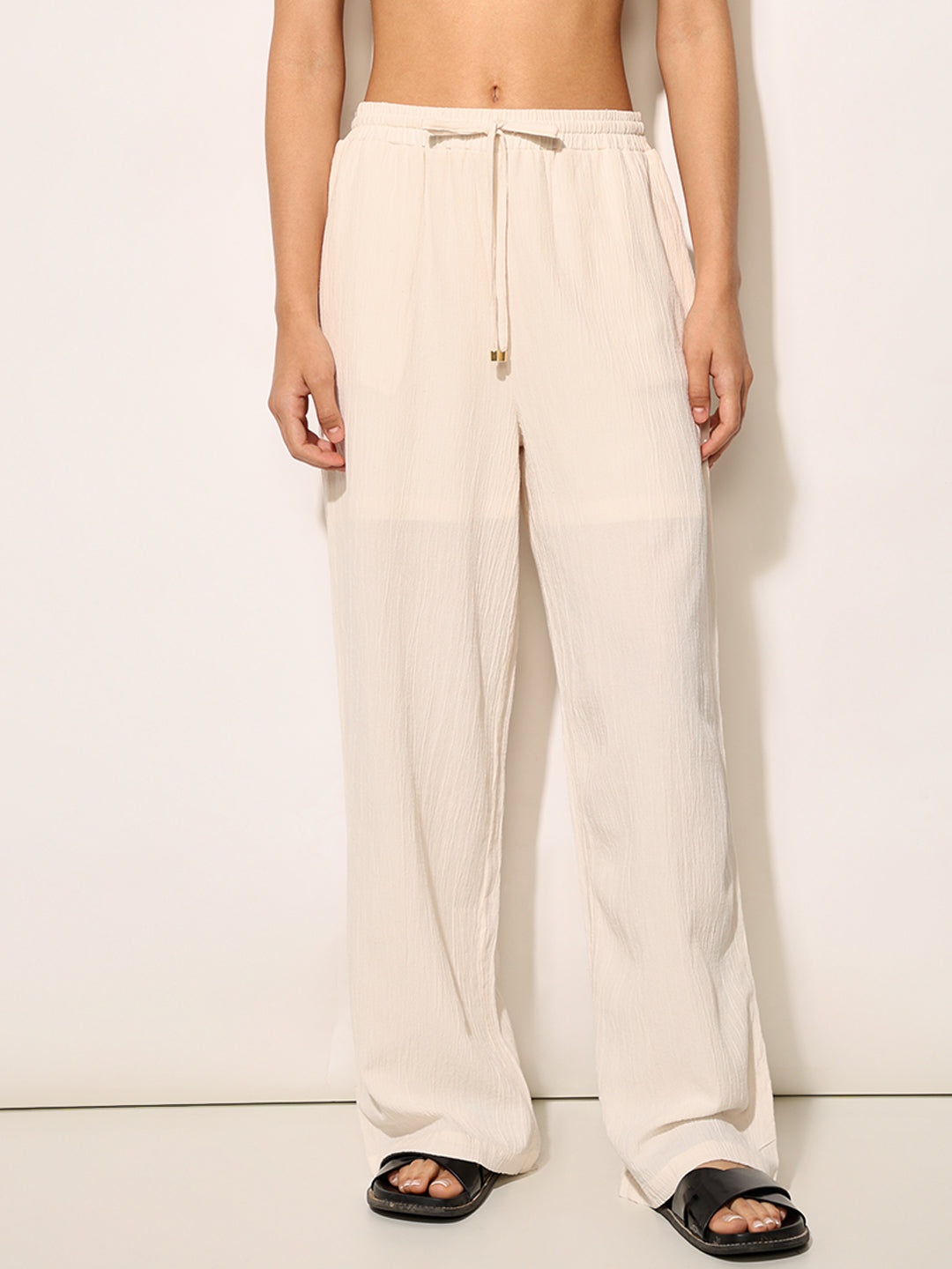 Beige High Rise Straight Fit Pants