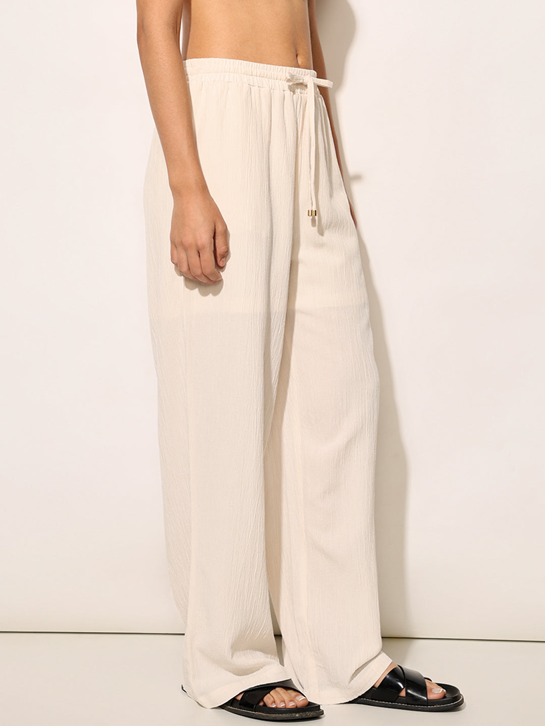 Beige High Rise Straight Fit Pants