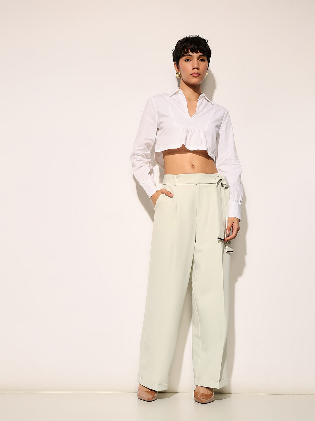 Light Green High Rise Belted Pants