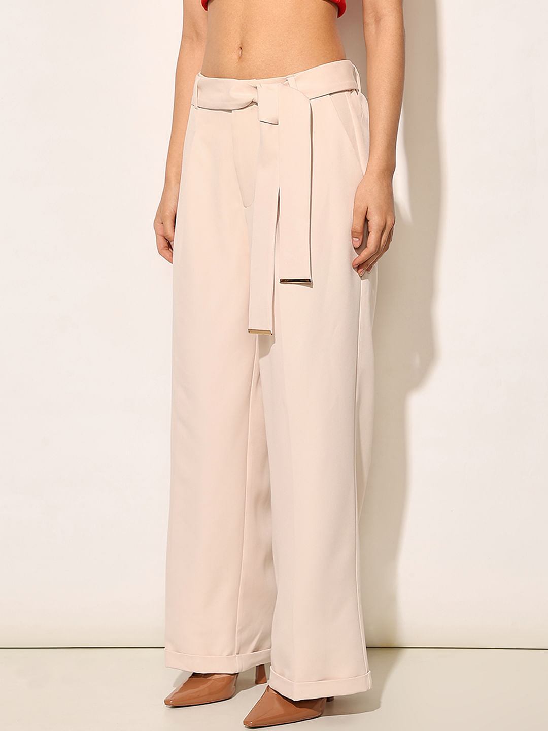 Beige High Rise Belted Pants