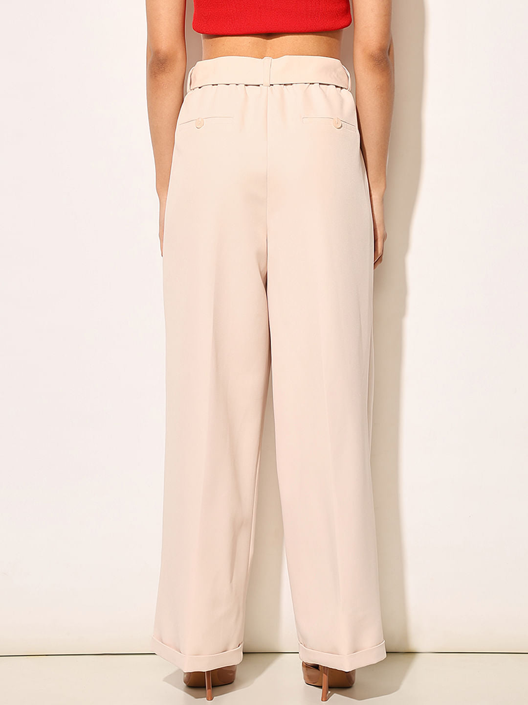 Beige High Rise Belted Pants