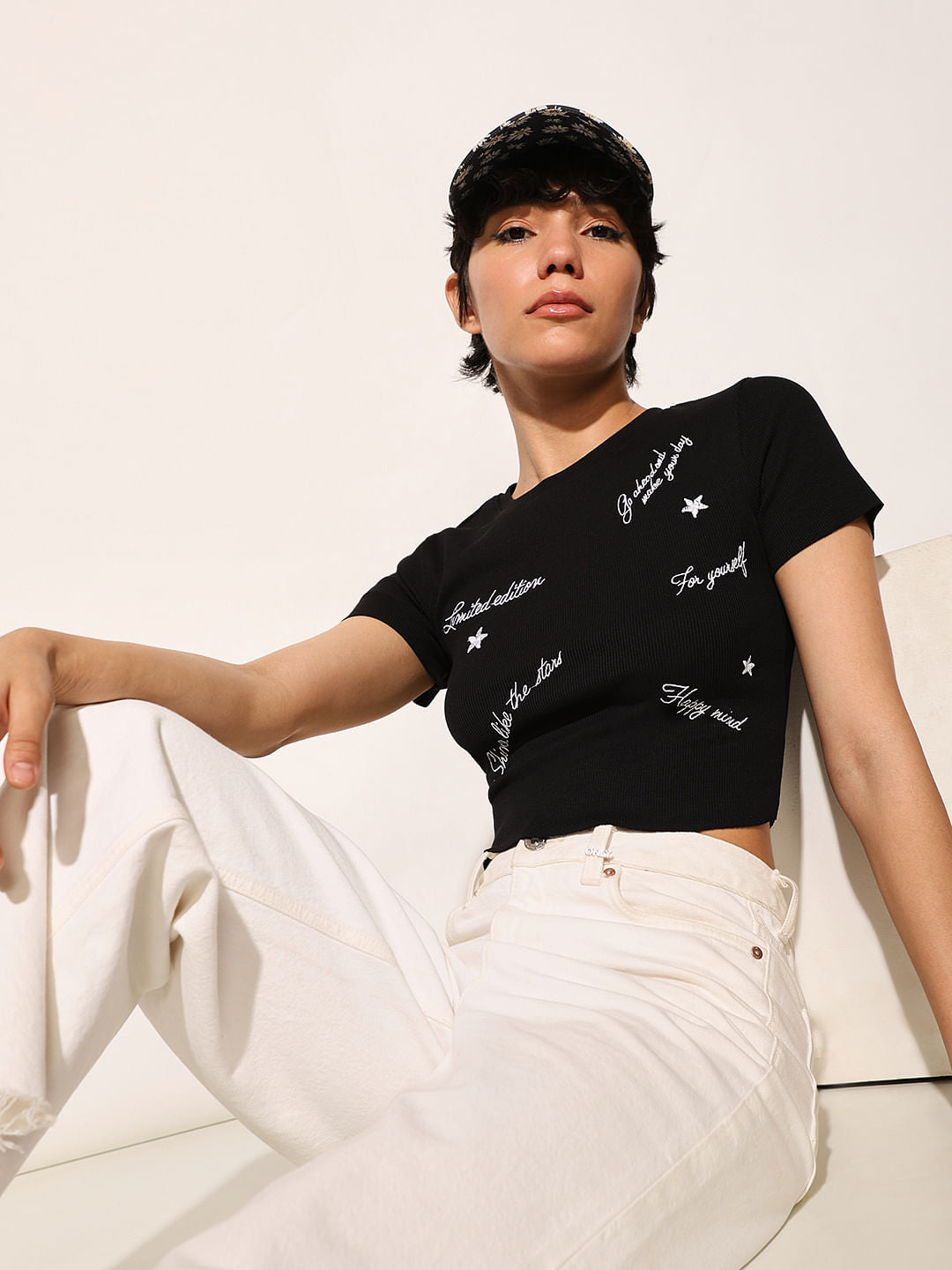 Black Ribbed Cropped T-Shirt