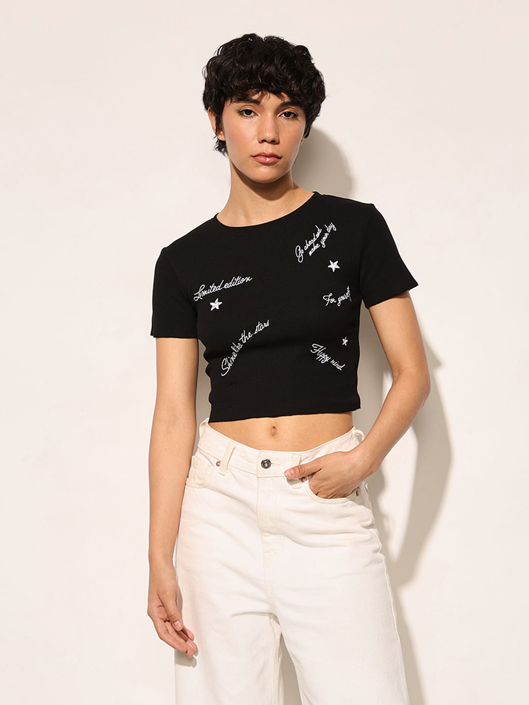 Black Ribbed Cropped T-Shirt