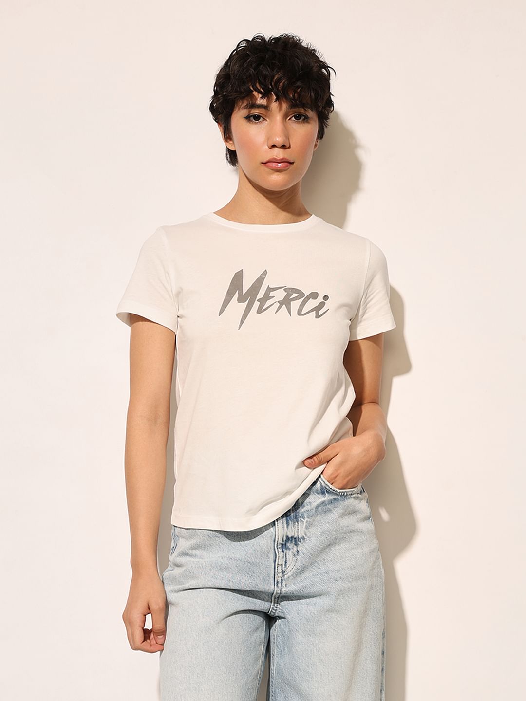 White Metallic Text T-Shirt