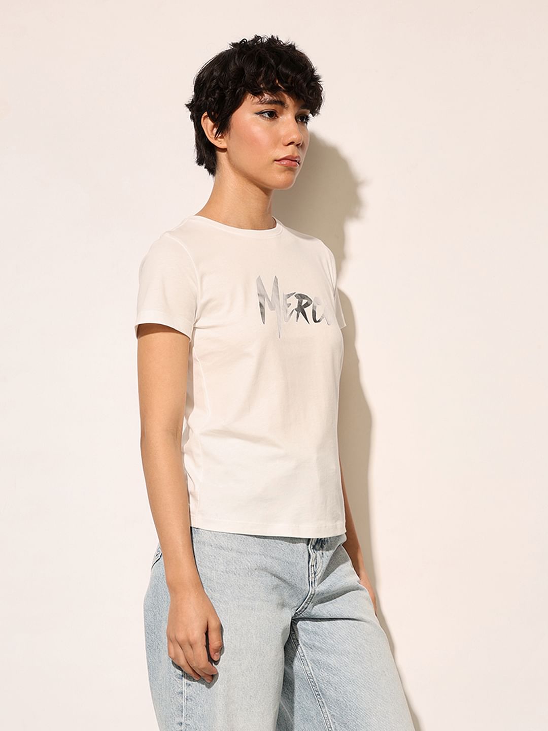 White Metallic Text T-Shirt