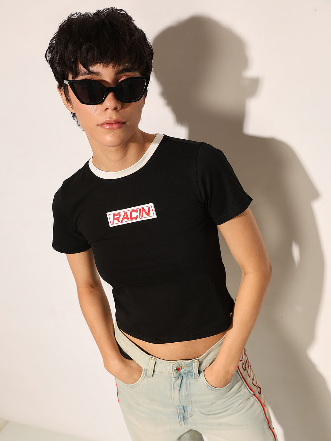 Black Printed Cropped T-Shirt