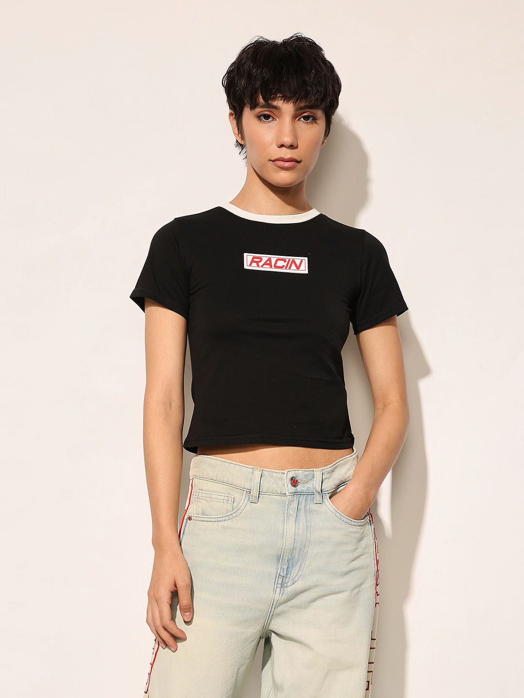 Black Printed Cropped T-Shirt