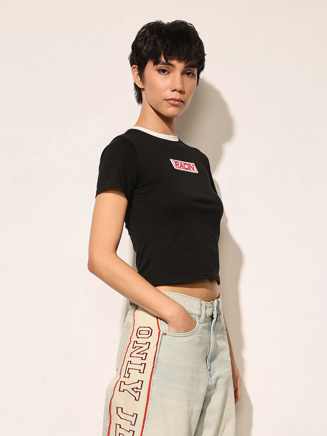Black Printed Cropped T-Shirt