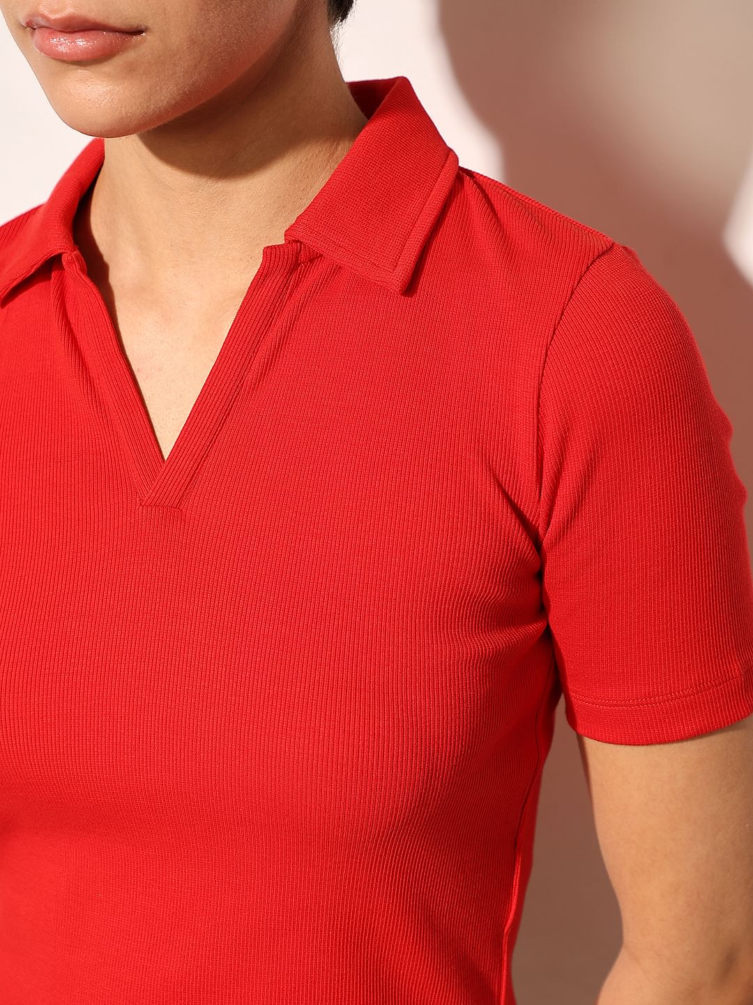 Red Ribbed Cropped Polo