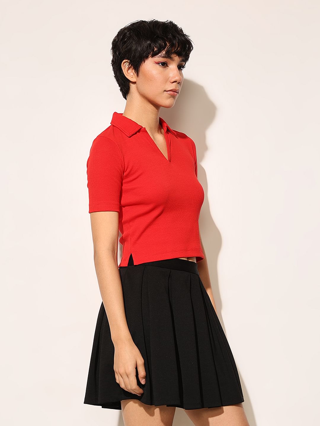 Red Ribbed Cropped Polo