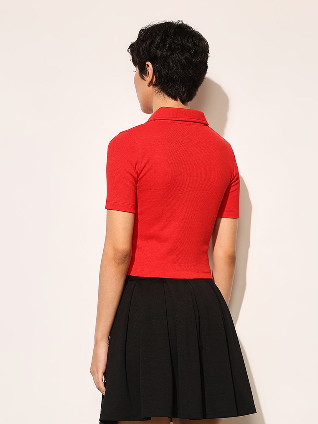 Red Ribbed Cropped Polo