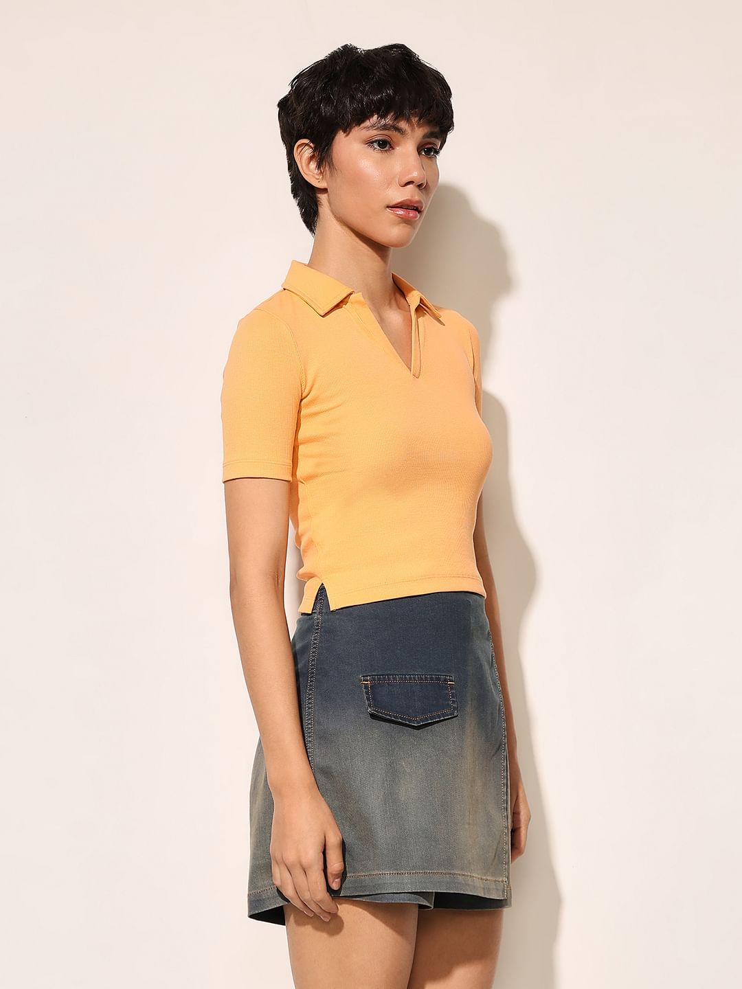 Orange Ribbed Cropped T-Shirt