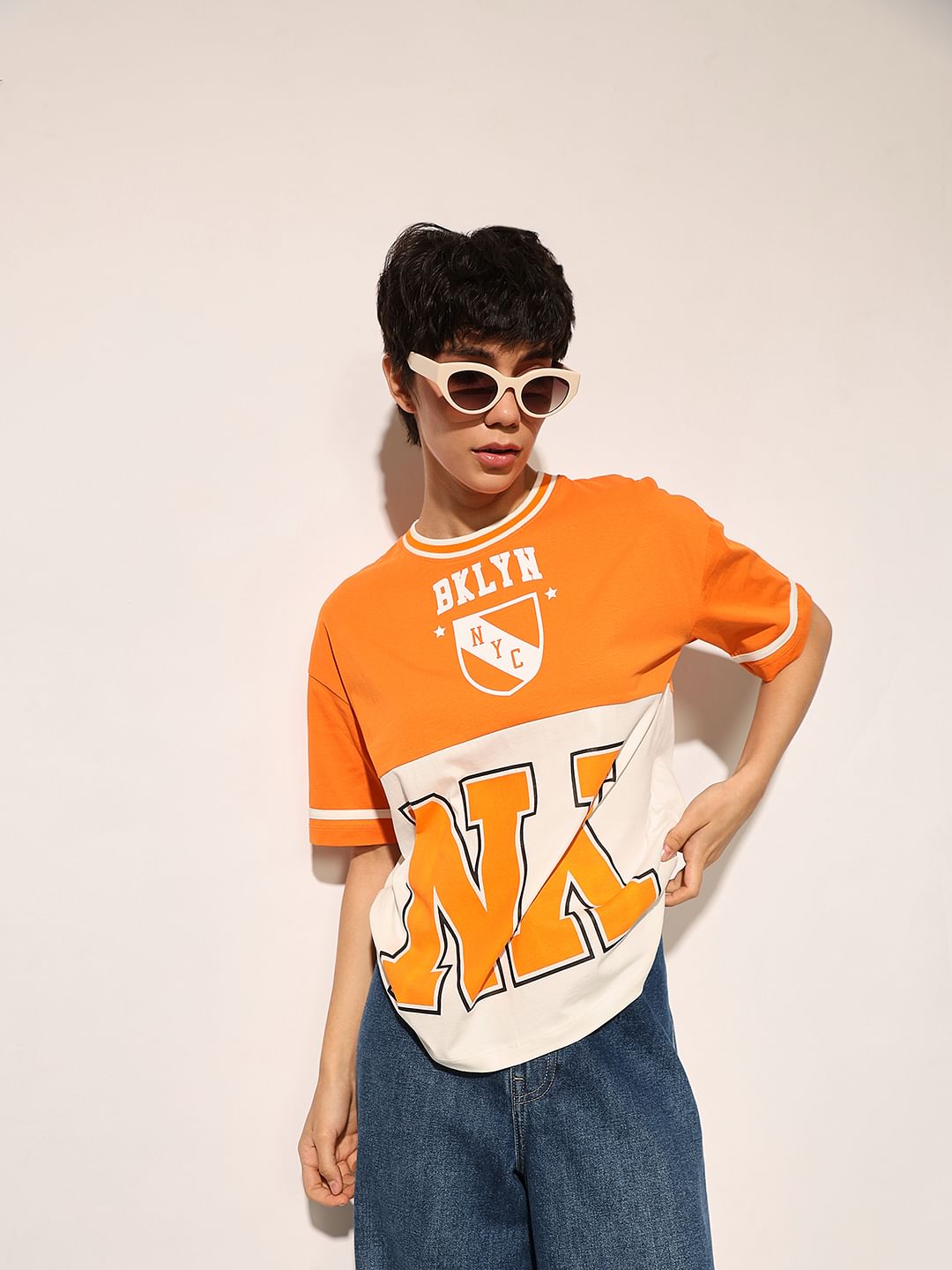 Orange Colourblocked Oversized T-Shirt