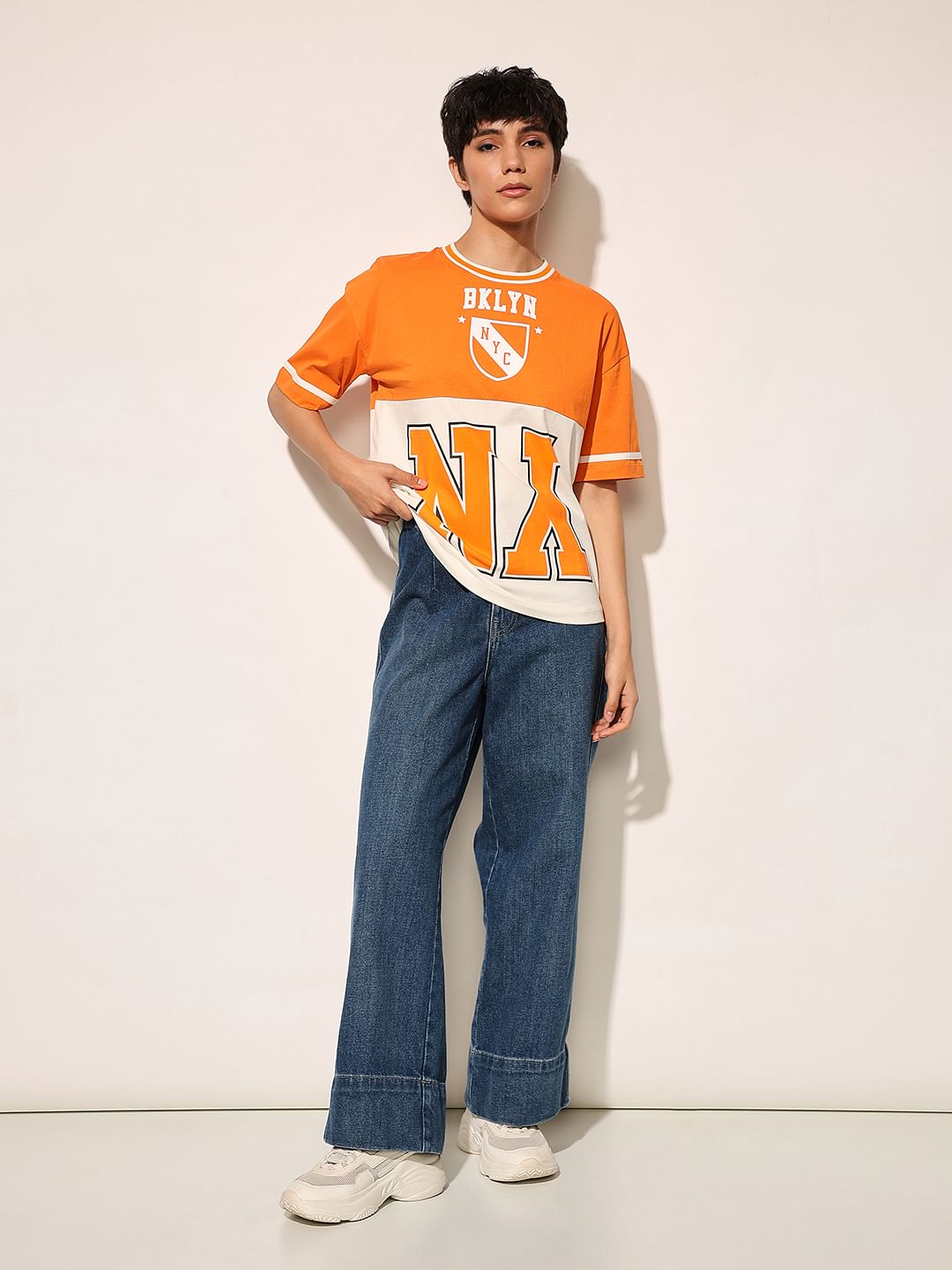 Orange Colourblocked Oversized T-Shirt