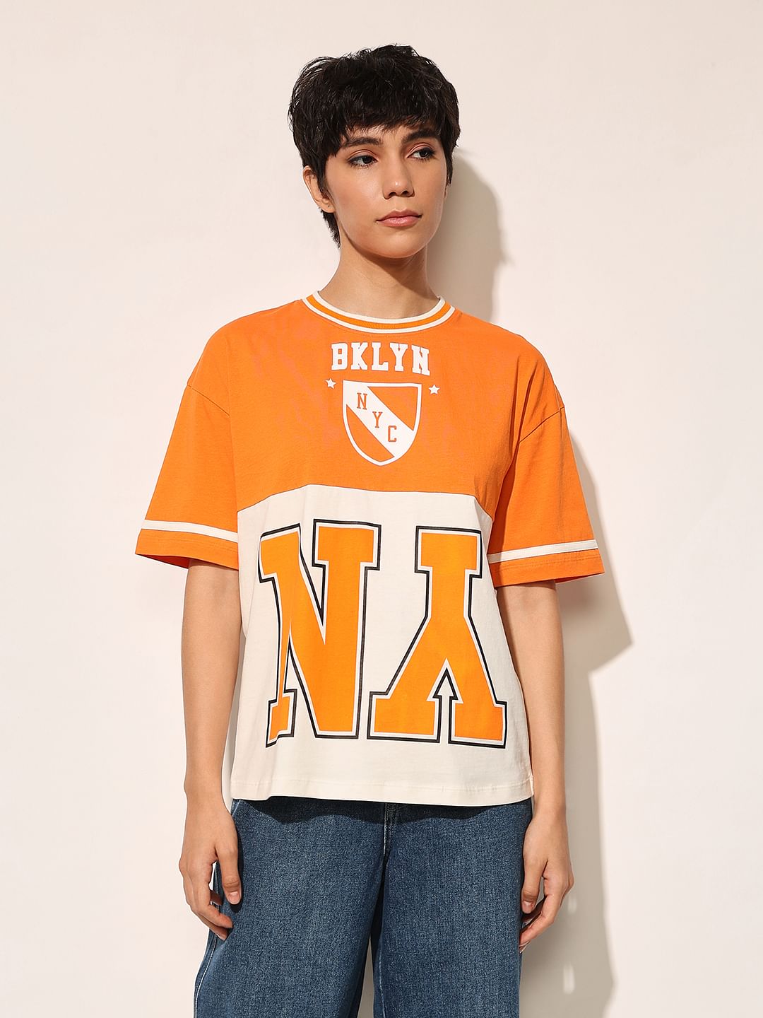 Orange Colourblocked Oversized T-Shirt