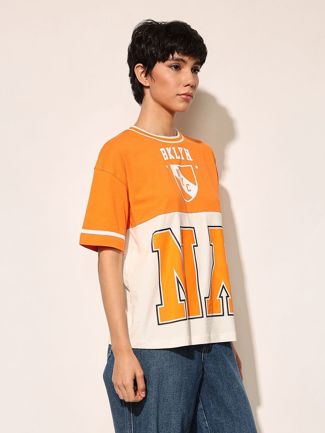 Orange Colourblocked Oversized T-Shirt