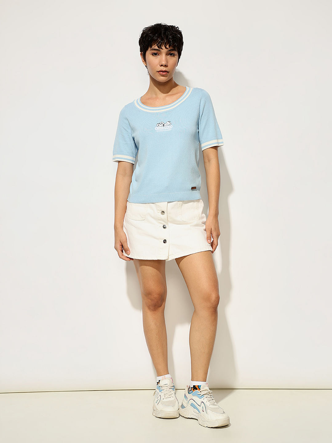 Peanuts Blue Embroidered Applique Knitted T-Shirt