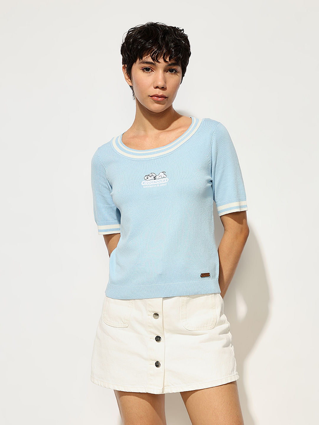 Peanuts Blue Embroidered Applique Knitted T-Shirt