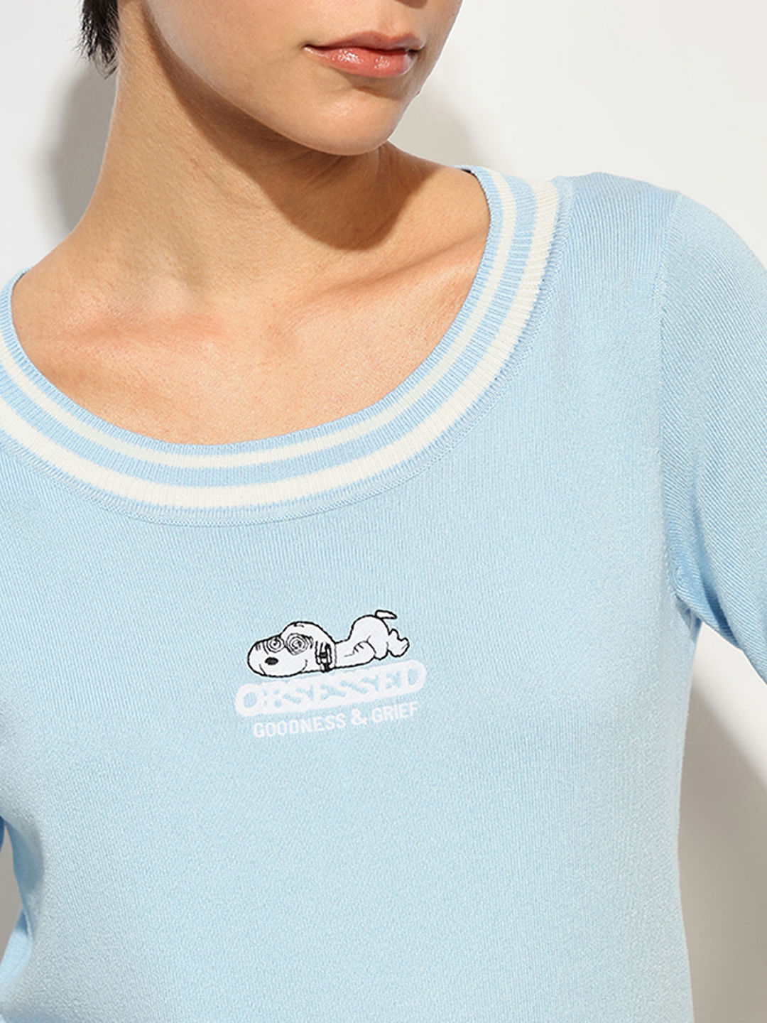 Peanuts Blue Embroidered Applique Knitted T-Shirt