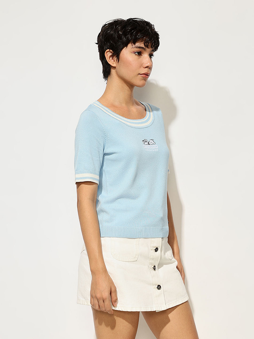 Peanuts Blue Embroidered Applique Knitted T-Shirt