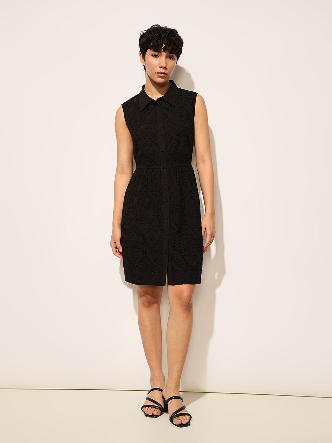 Black Schiffli Sleeveless Shirt Dress