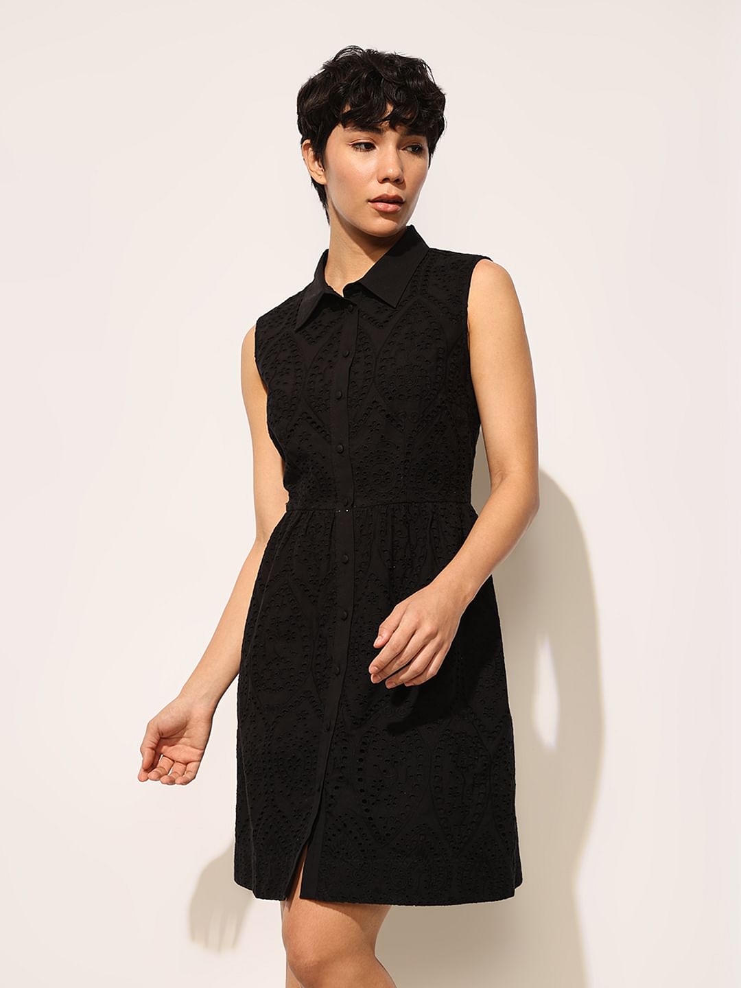 Black Schiffli Sleeveless Shirt Dress