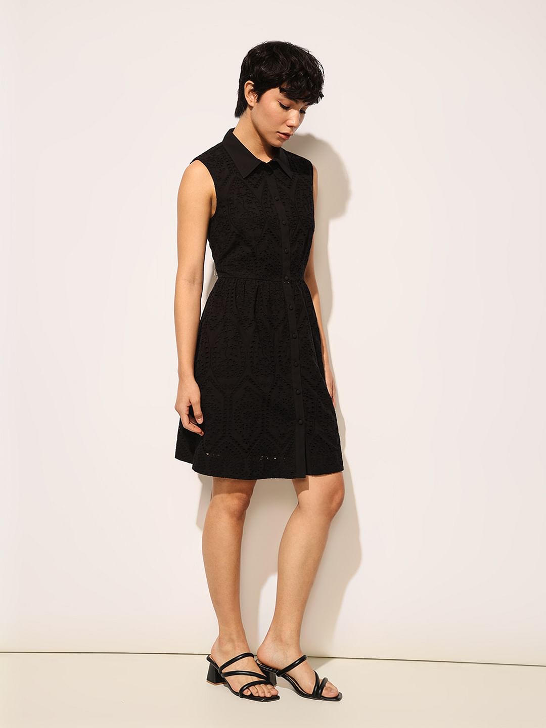 Black Schiffli Sleeveless Shirt Dress