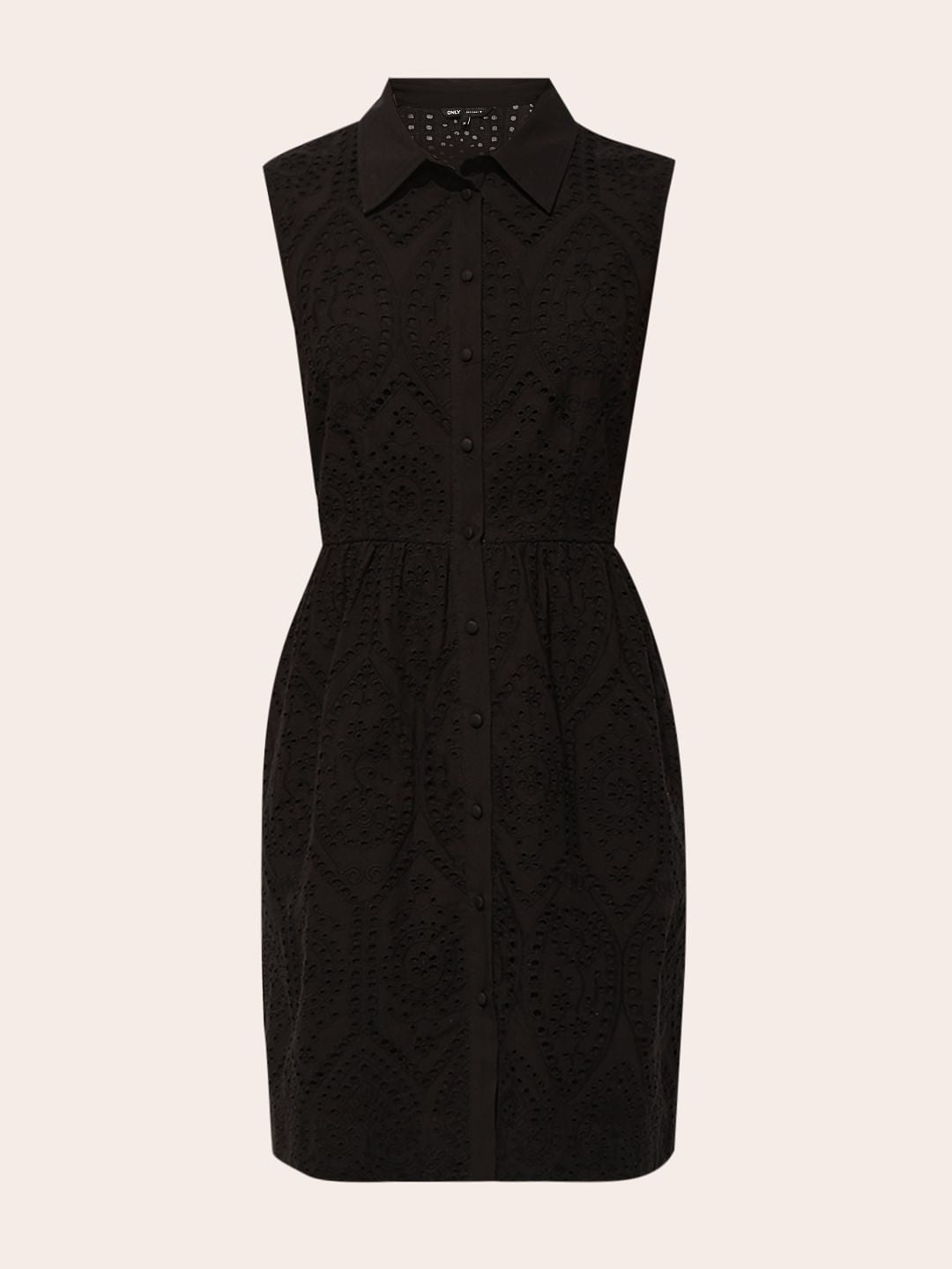 Black Schiffli Sleeveless Shirt Dress