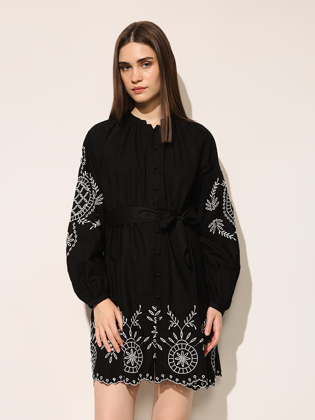 Black Embroidered Mini Dress