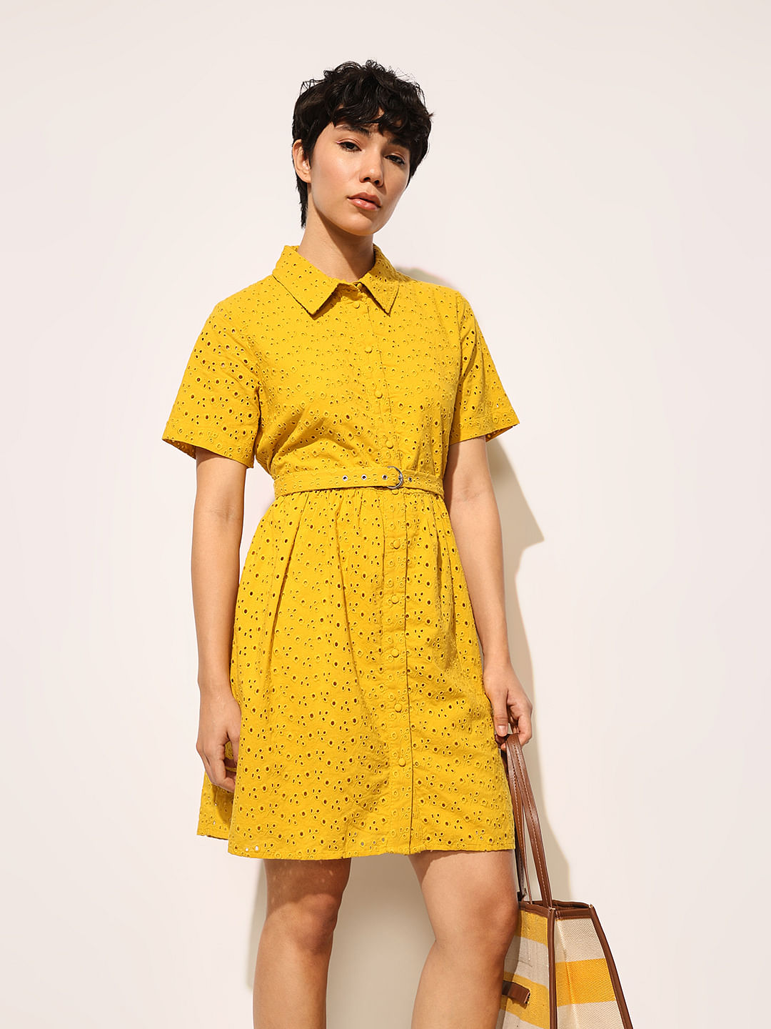 Yellow Schiffli Cotton Shirt Dress