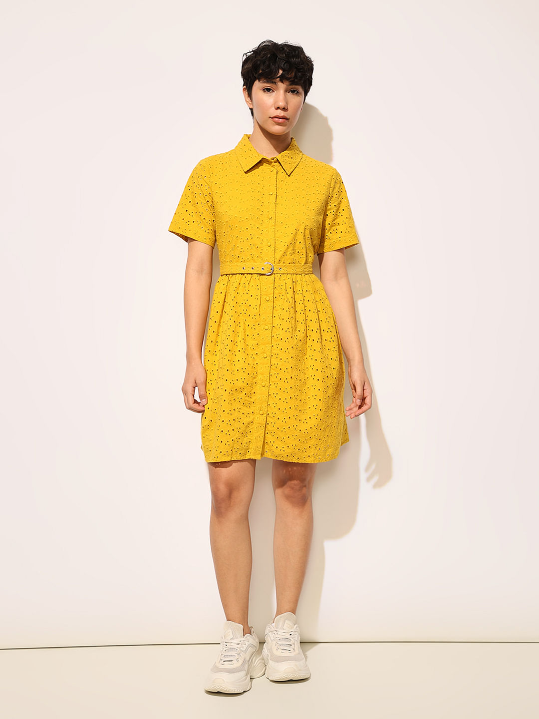 Yellow Schiffli Cotton Shirt Dress