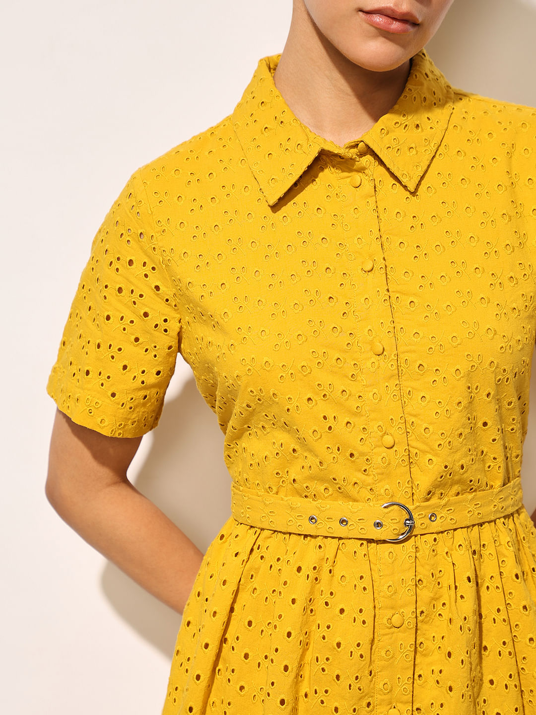 Yellow Schiffli Cotton Shirt Dress