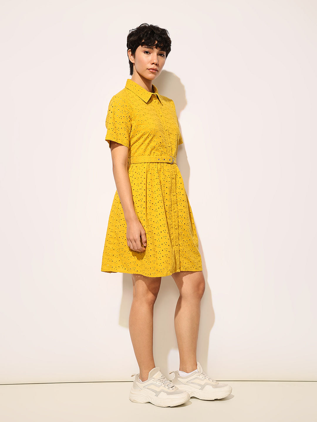 Yellow Schiffli Cotton Shirt Dress
